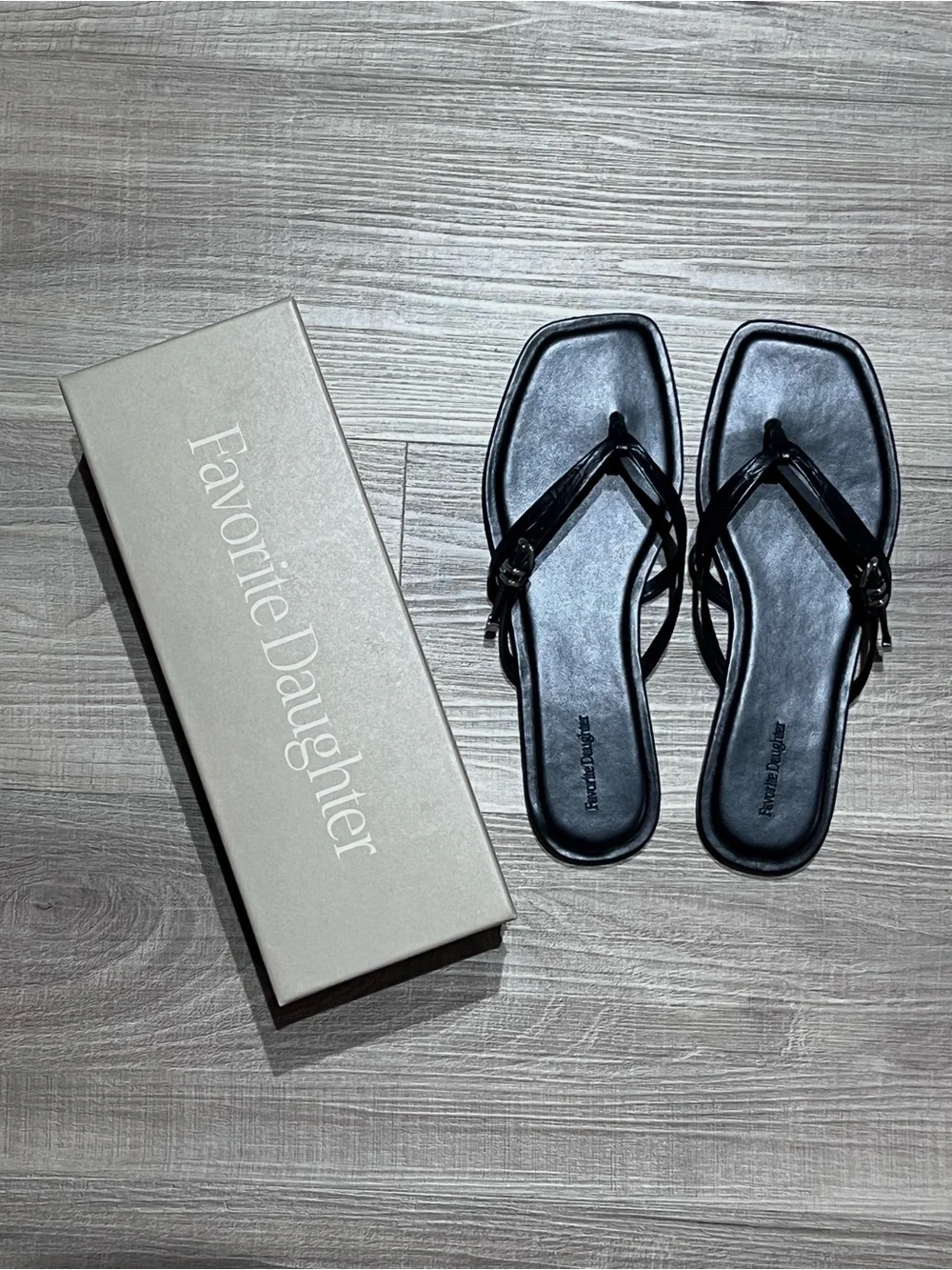 Favorite Daughter Cameron Black Square-Toe Thong Sandals with Thin Straps